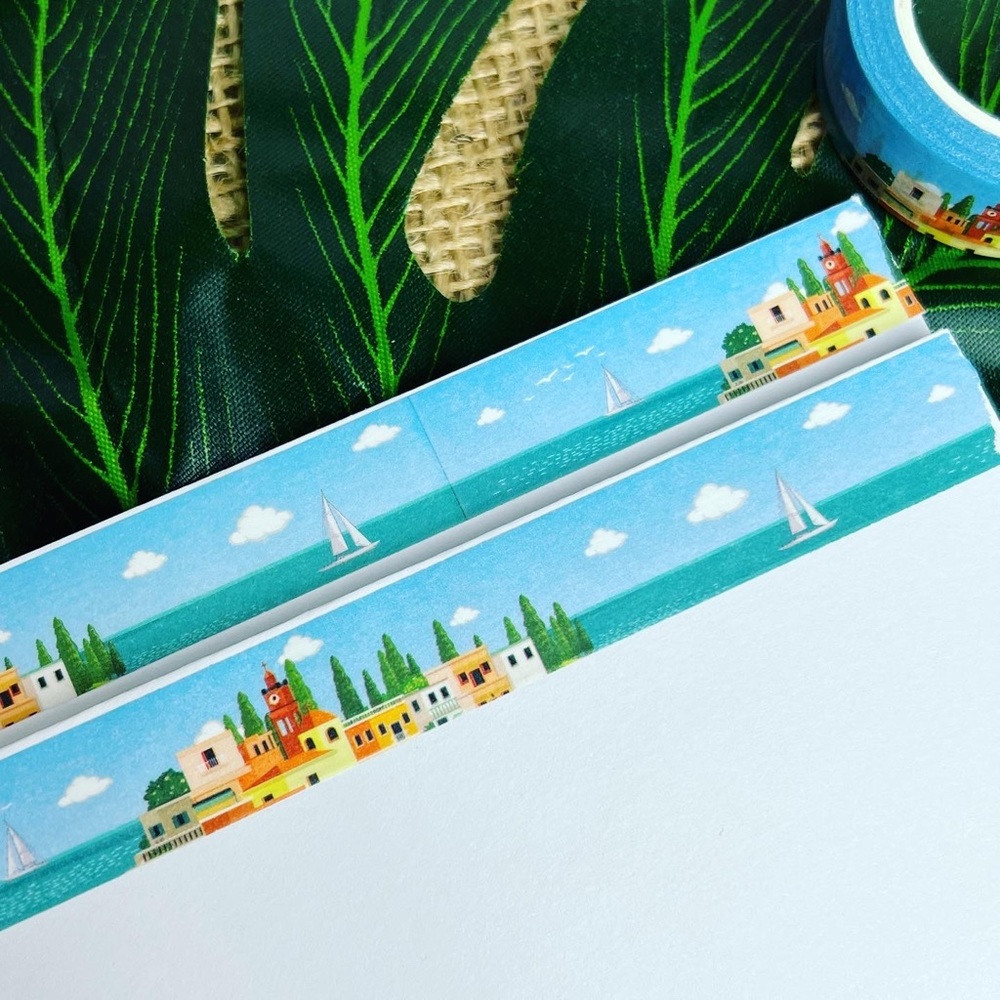 Coastal Town, Houses, Buildings, Church Overlooking Ocean, 
Washi Tape, 1 Roll